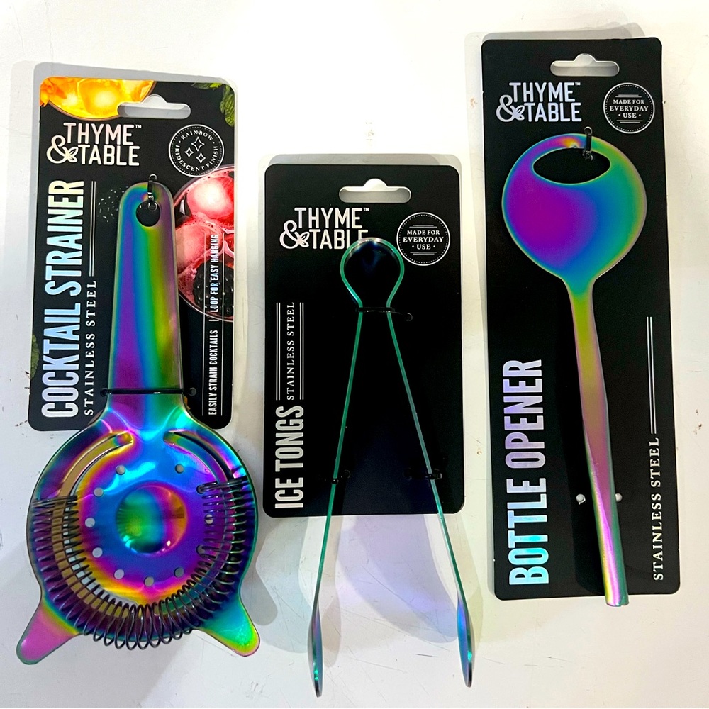 NEW Oil slick bar set - Strainer, Tongs, and Bottle Opener